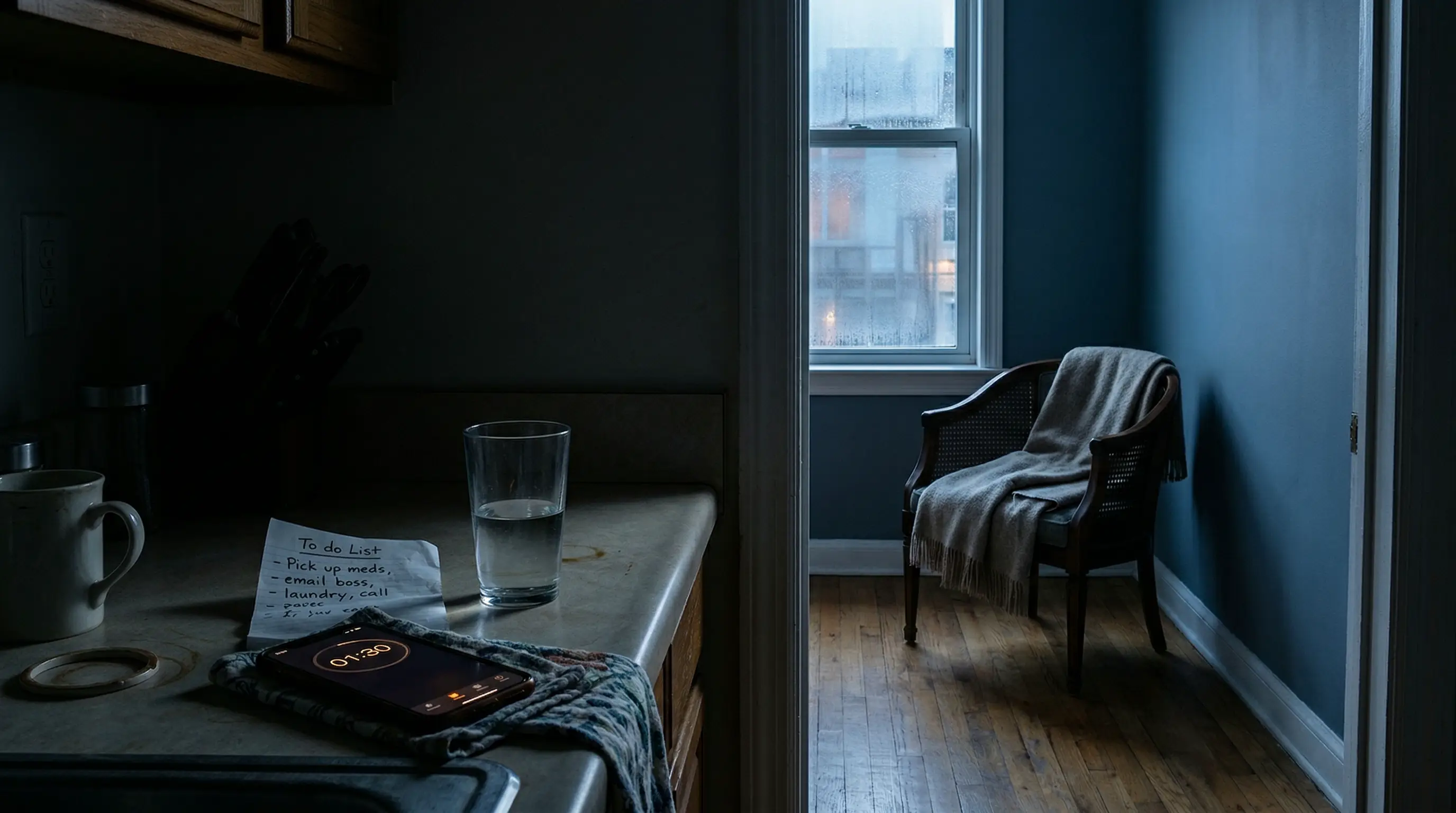 A dark apartment kitchen opening into a warm quiet room at dawn, visualizing a 90-second threshold of calm.