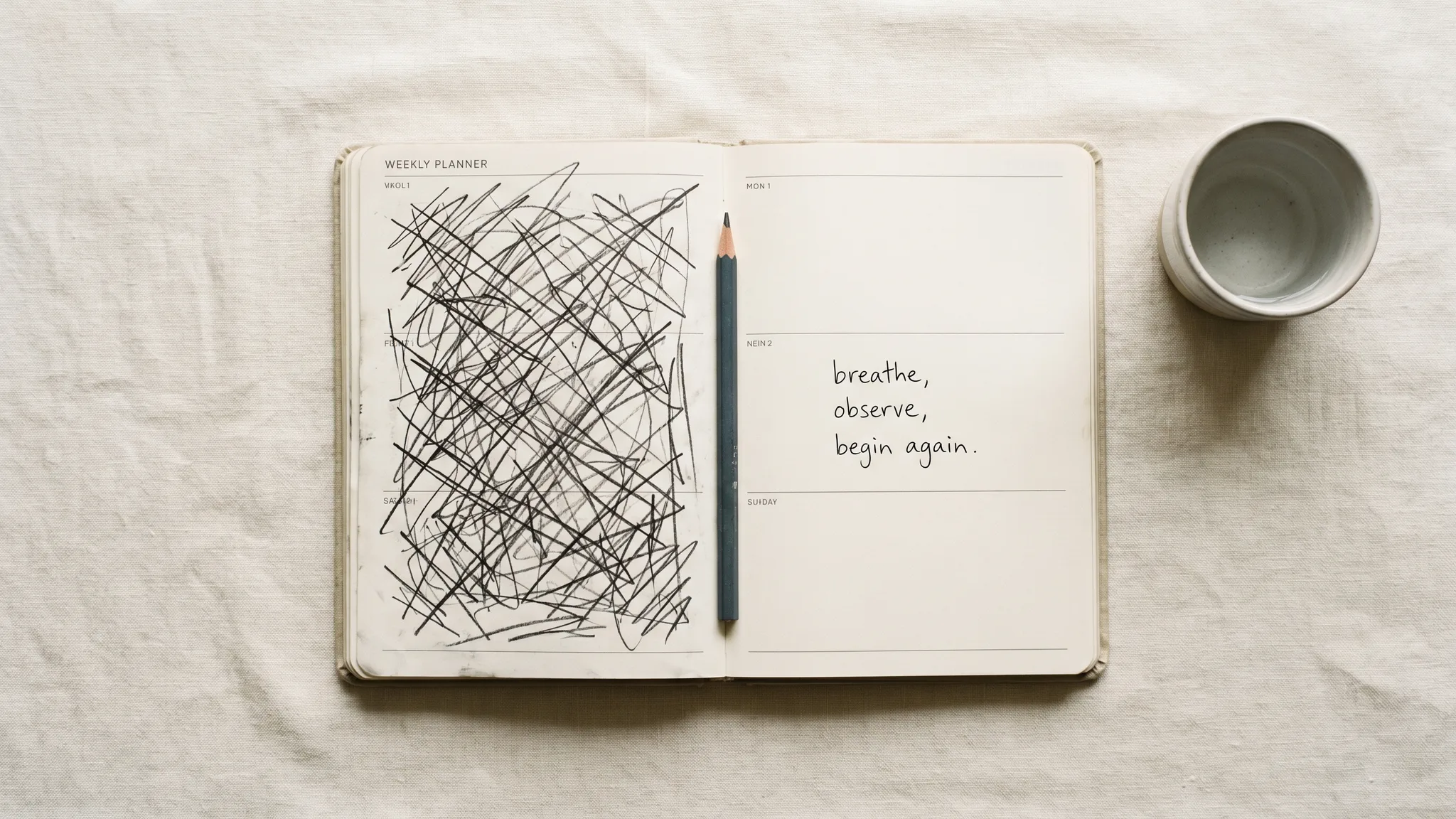 An open weekly planner split between crossed-out plans and three clean lines beside a slate pencil.