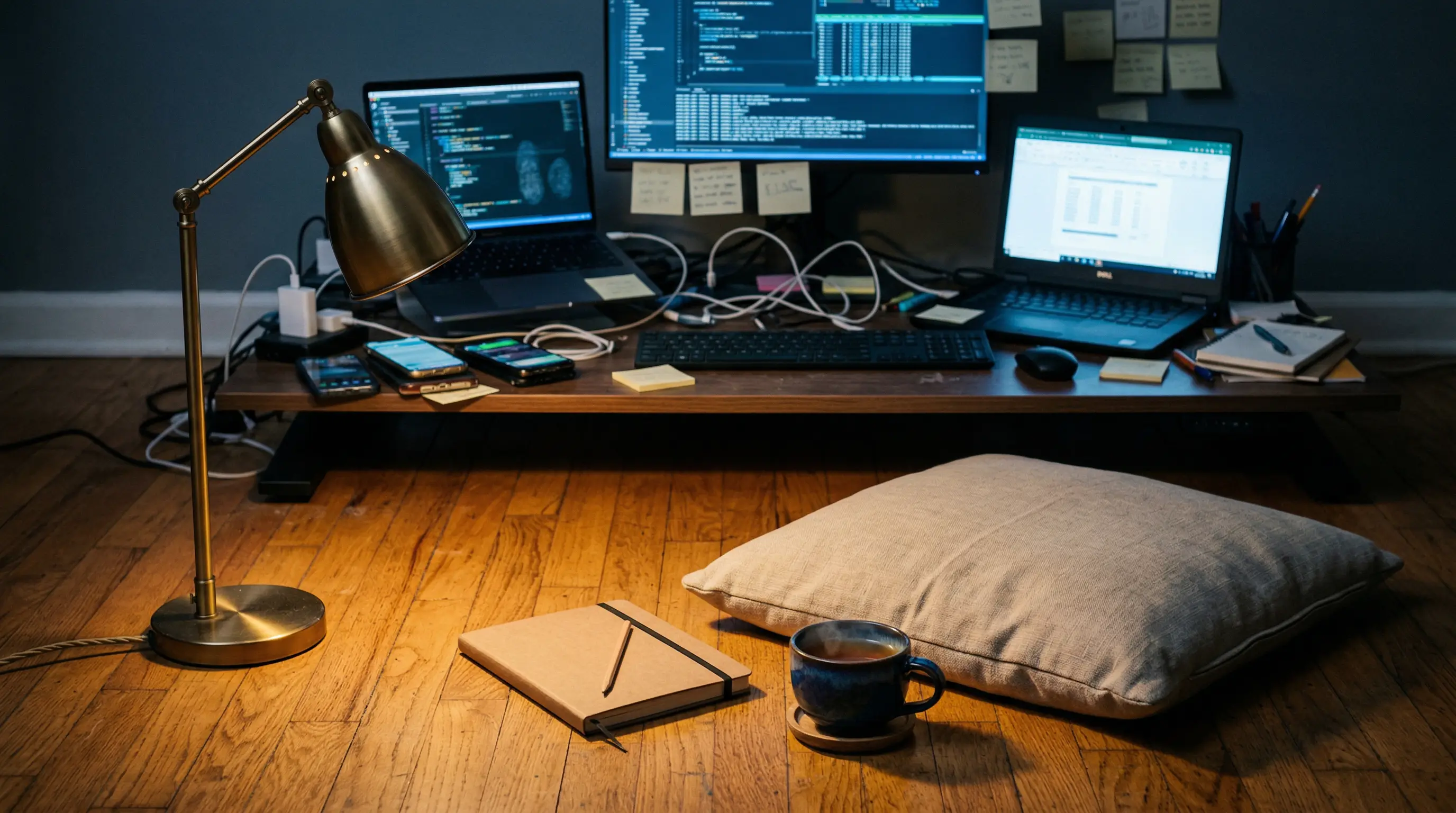 A cluttered multi-monitor workspace with tangled cables and many devices in the background and a floor cushion, notebook, and coffee cup in the foreground suggesting a pause to regain focus.