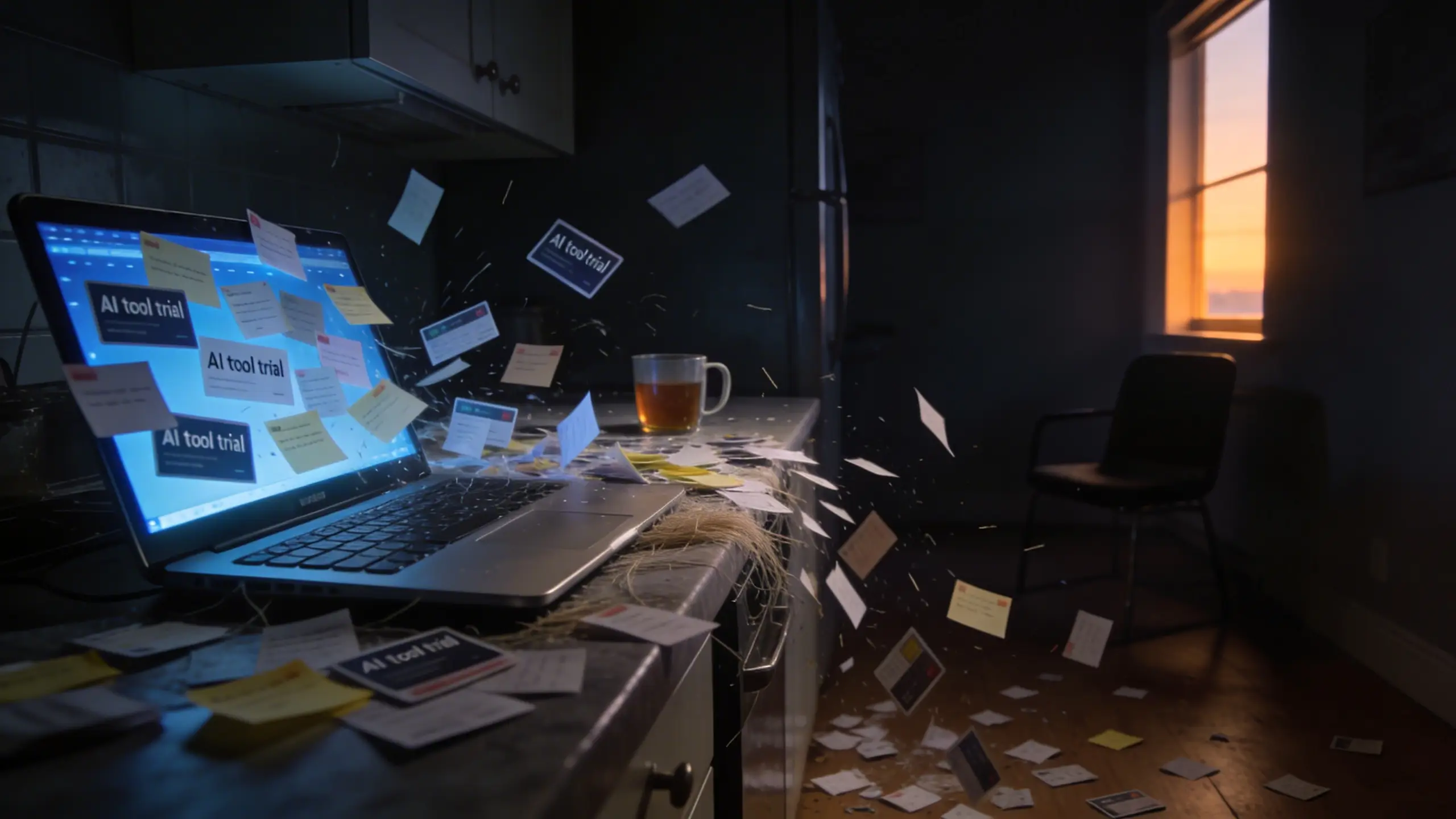 A laptop drowned in AI-tool clutter before dawn