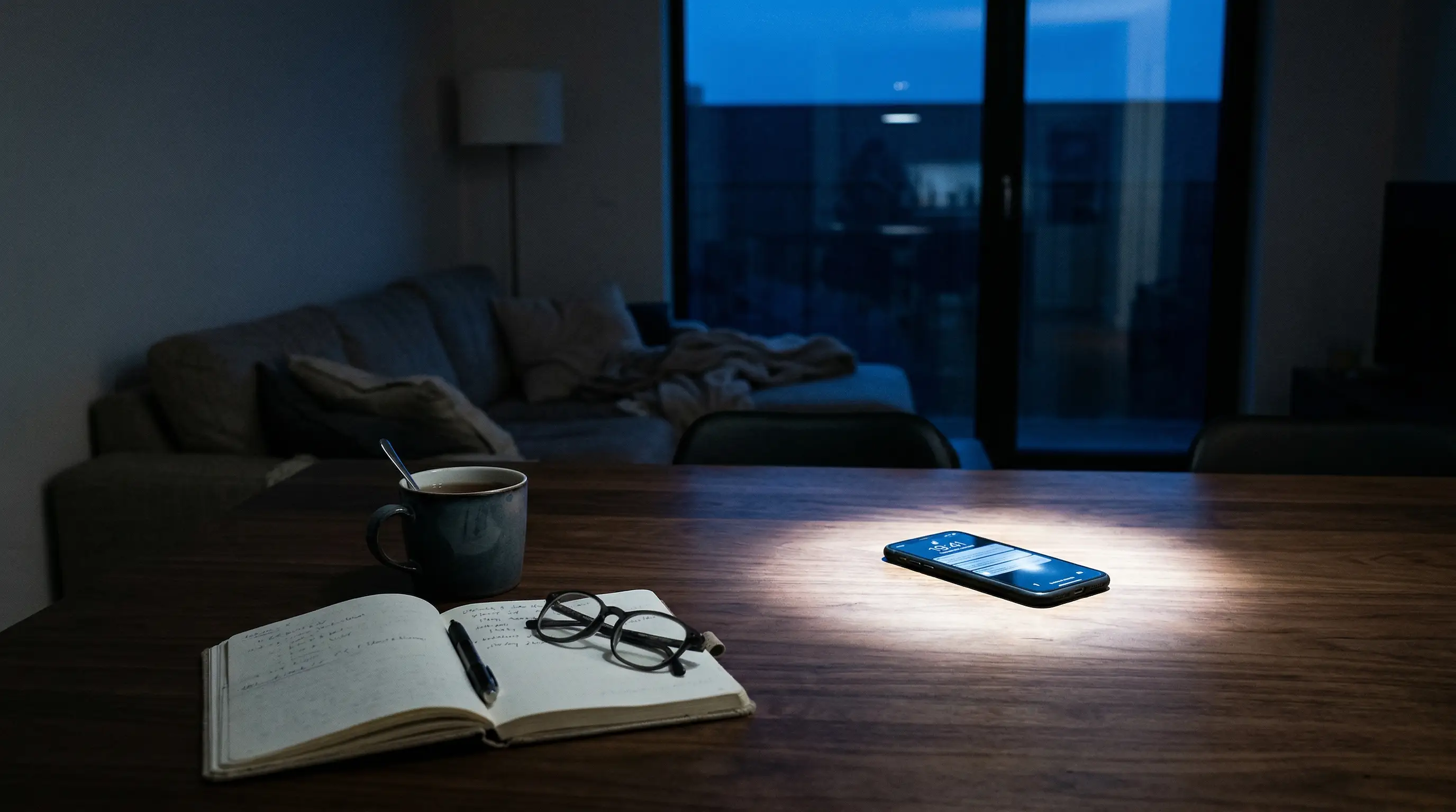 A quiet apartment table at blue hour where a glowing phone hijacks the room, pulling attention away from a notebook, glasses, and a cooling mug.