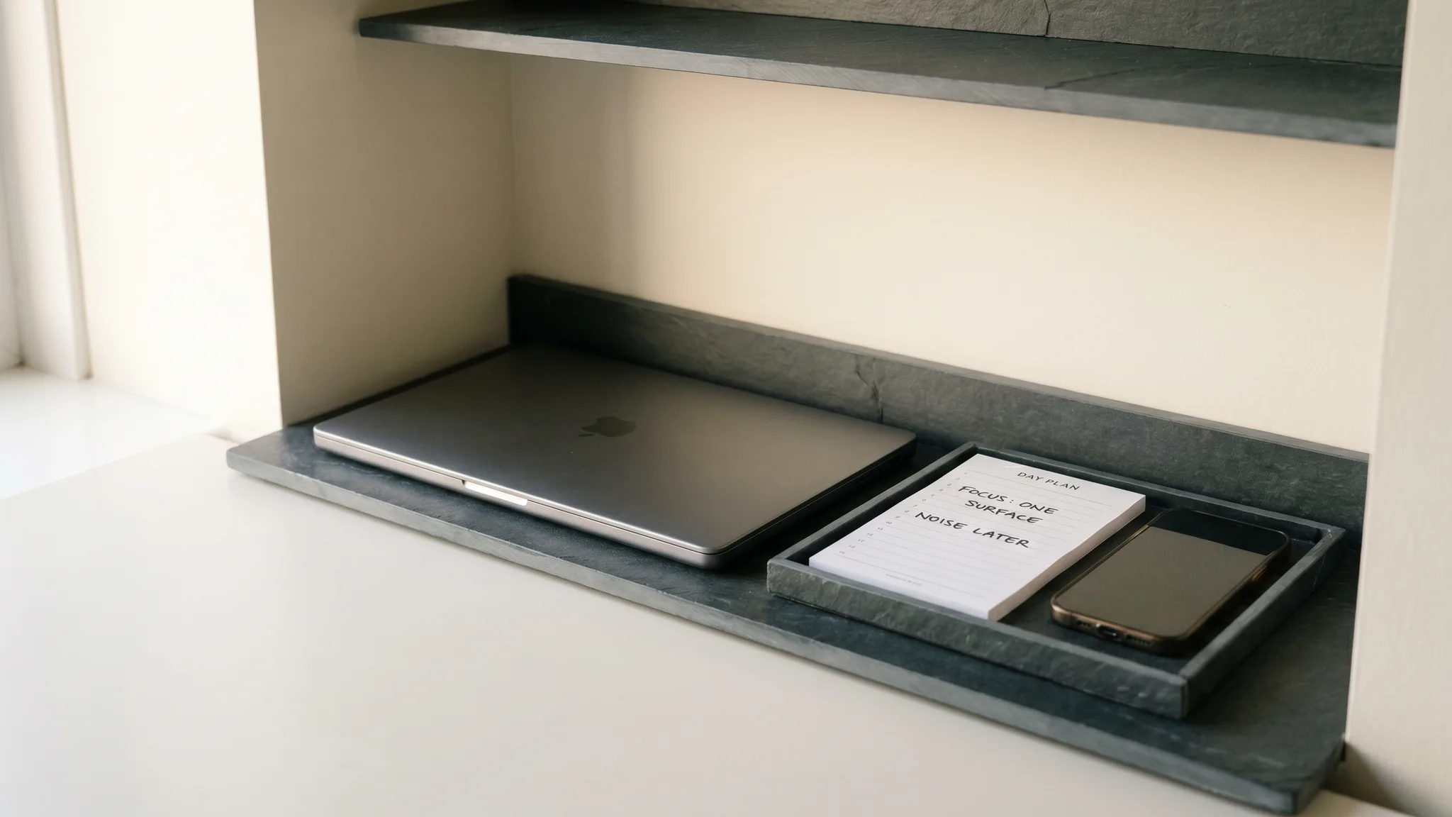 A quiet desk at dawn with a closed laptop, paper day plan, and phone face-down in a slate tray.