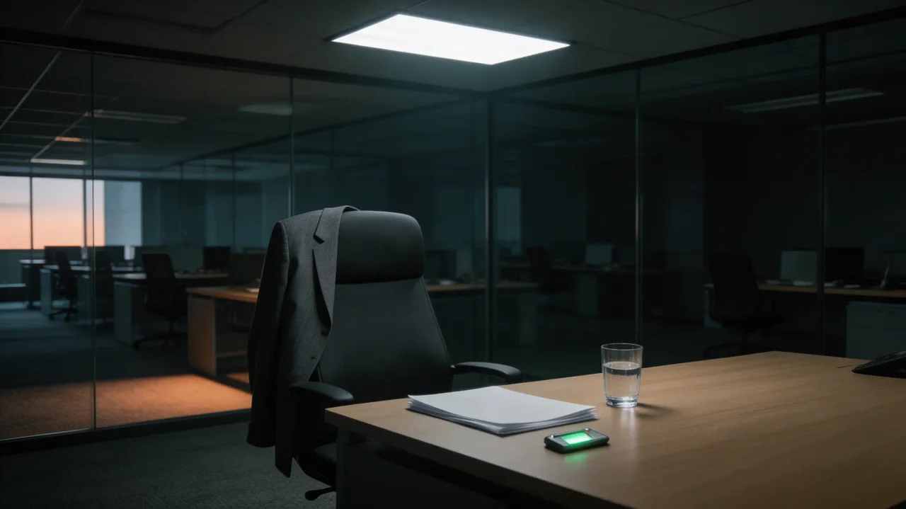 Burnout recovery office at midnight