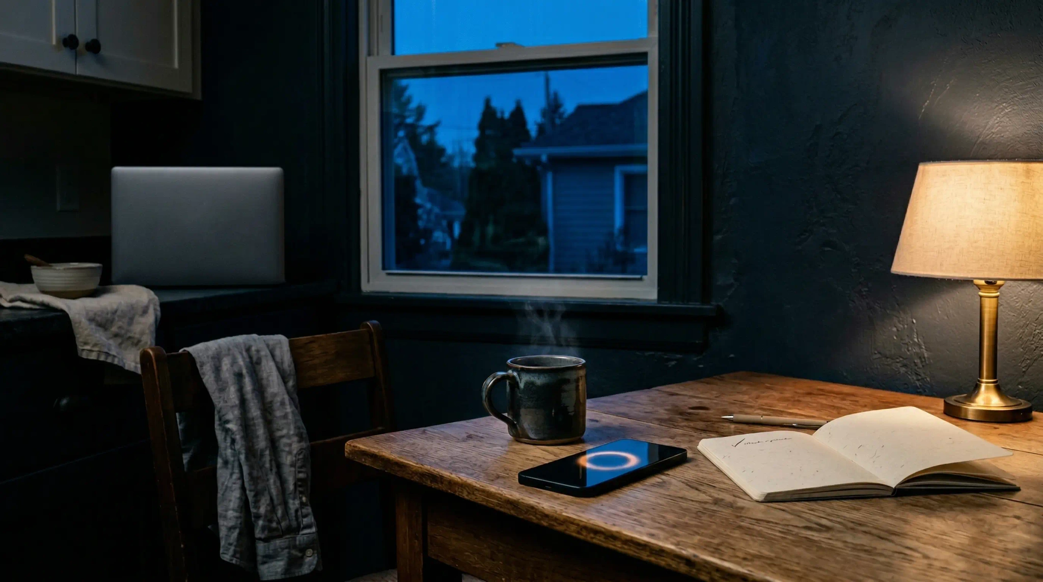 Predawn mindfulness ritual with a mug, notebook, and phone on a quiet table beside a blue dawn window.
