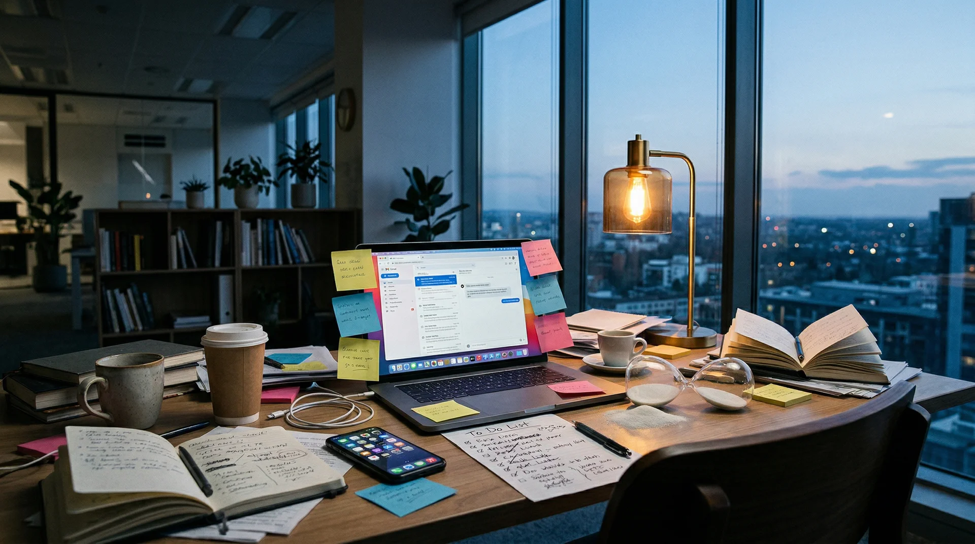 Late-afternoon desk cluttered with notebooks, sticky notes, coffee cups, a phone, and an hourglass beside a glowing laptop by a city window.