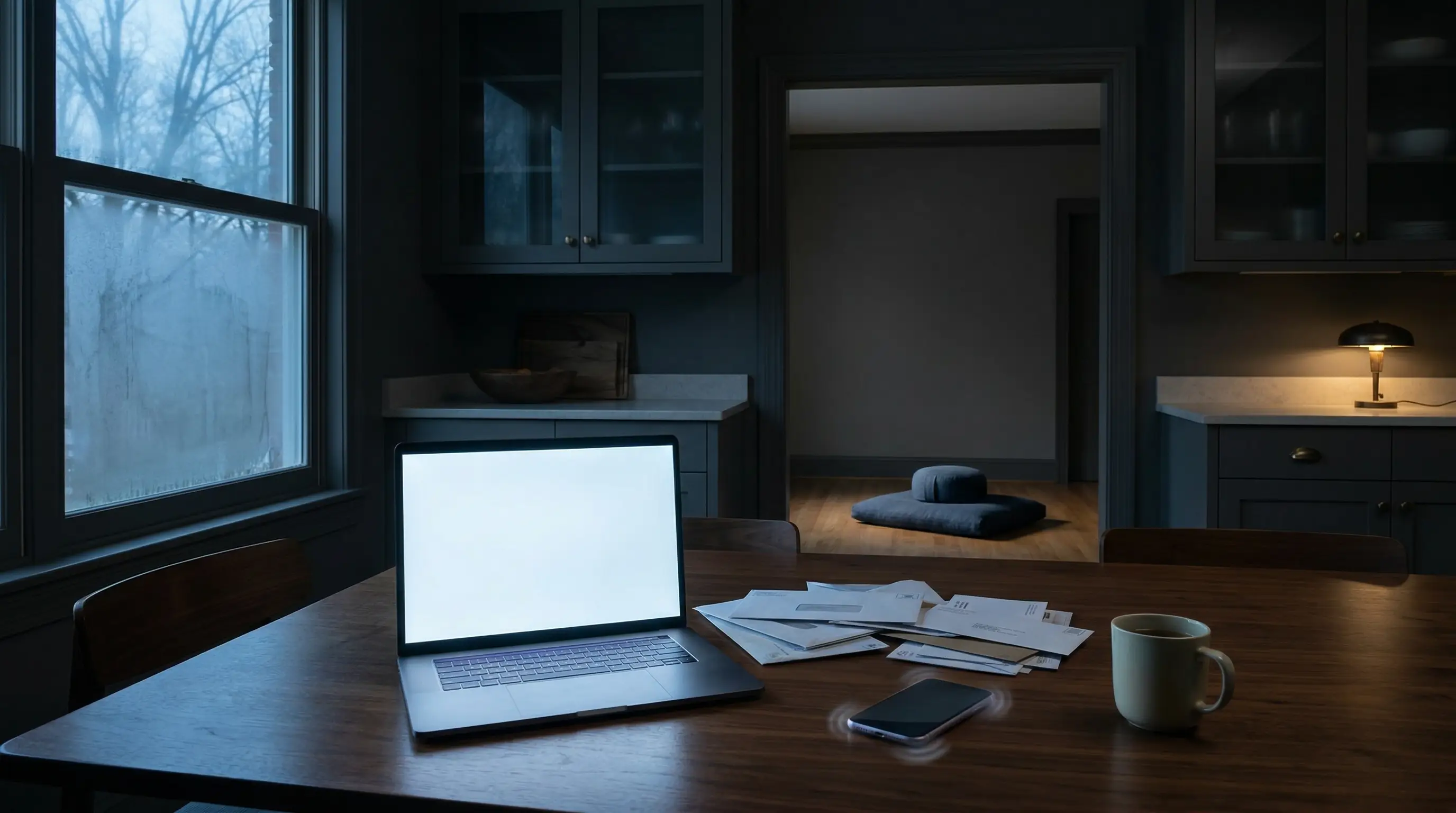 Open laptop glowing across a dark pre-dawn kitchen table with unread mail, an untouched mug of tea, and an empty meditation cushion in the background.