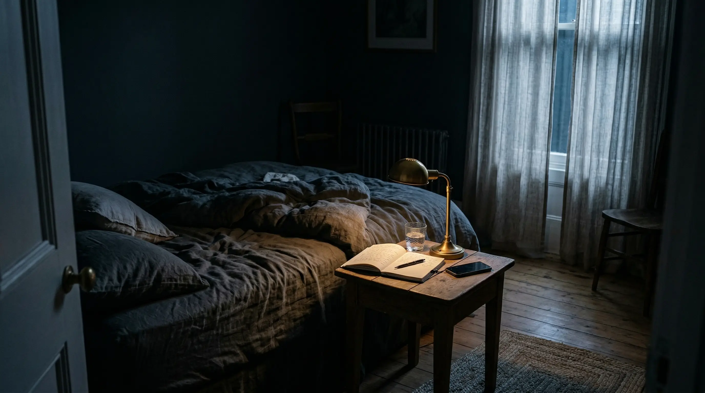 Dim bedroom at dusk with lit bedside lamp, journal and glass on a nightstand next to a made bed.