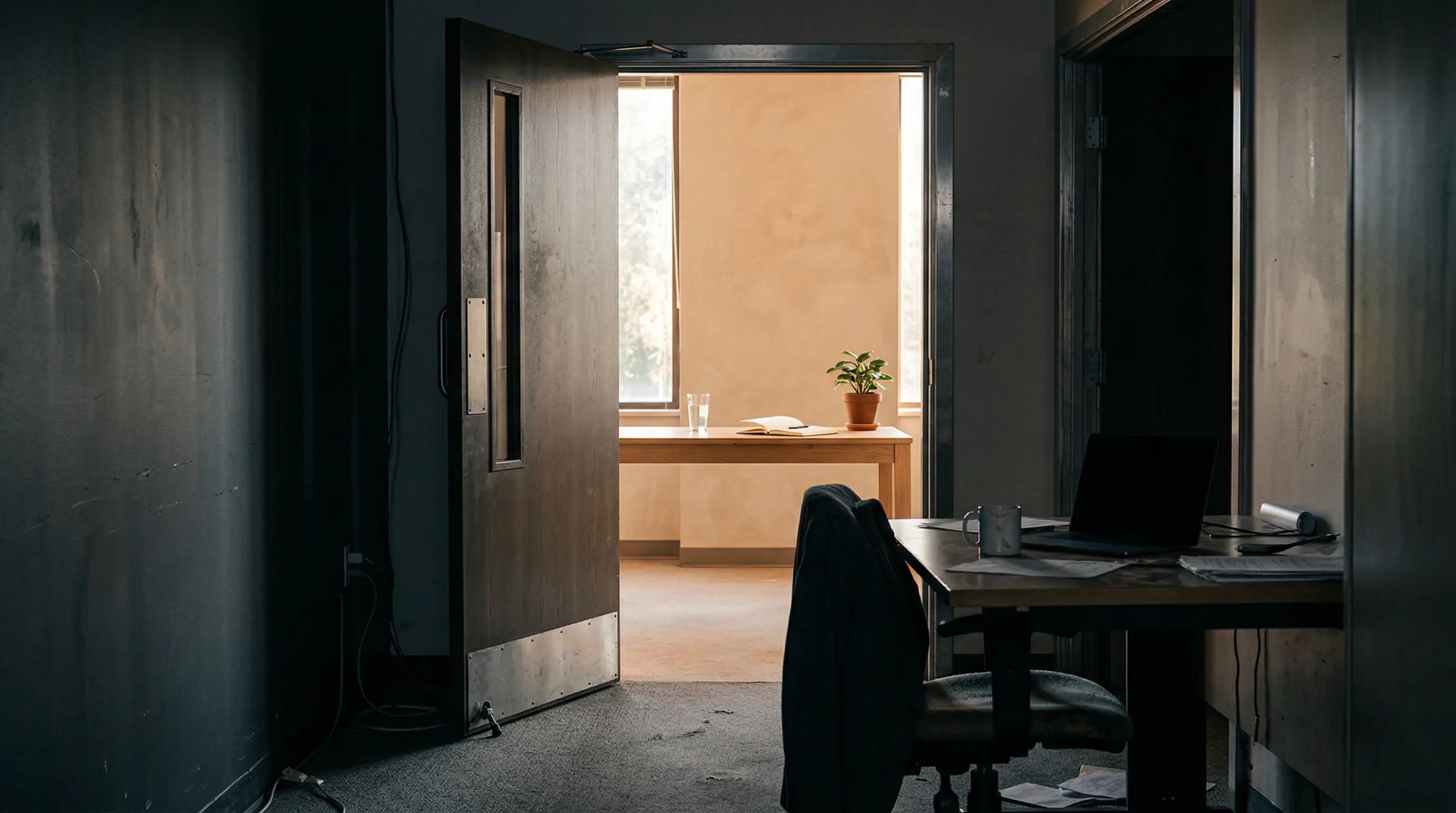 A dark office corridor opens into a warm, uncluttered workspace, visualizing the careful return to work after burnout.