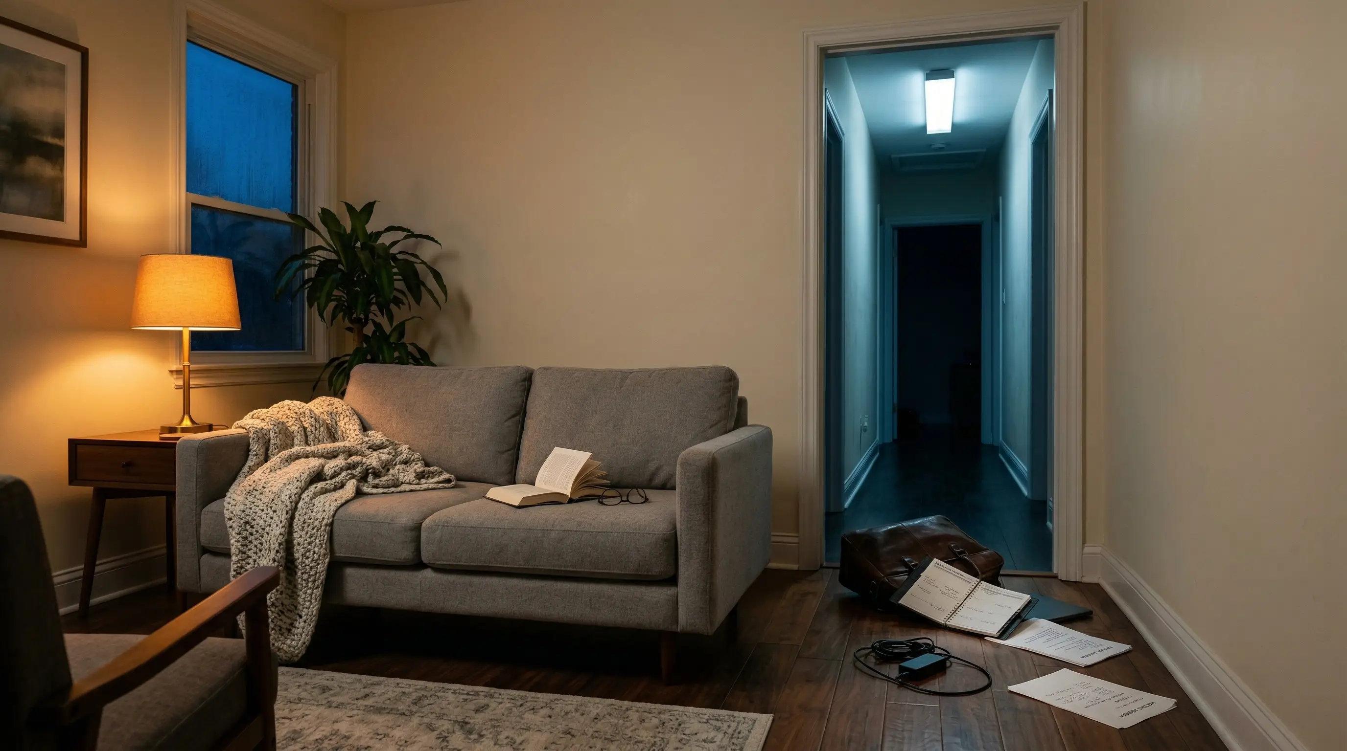 A warm Sunday living room interrupted by a cold strip of office light spilling in from the hallway, with a work bag and loose notes crossing the threshold like Monday arrived early.