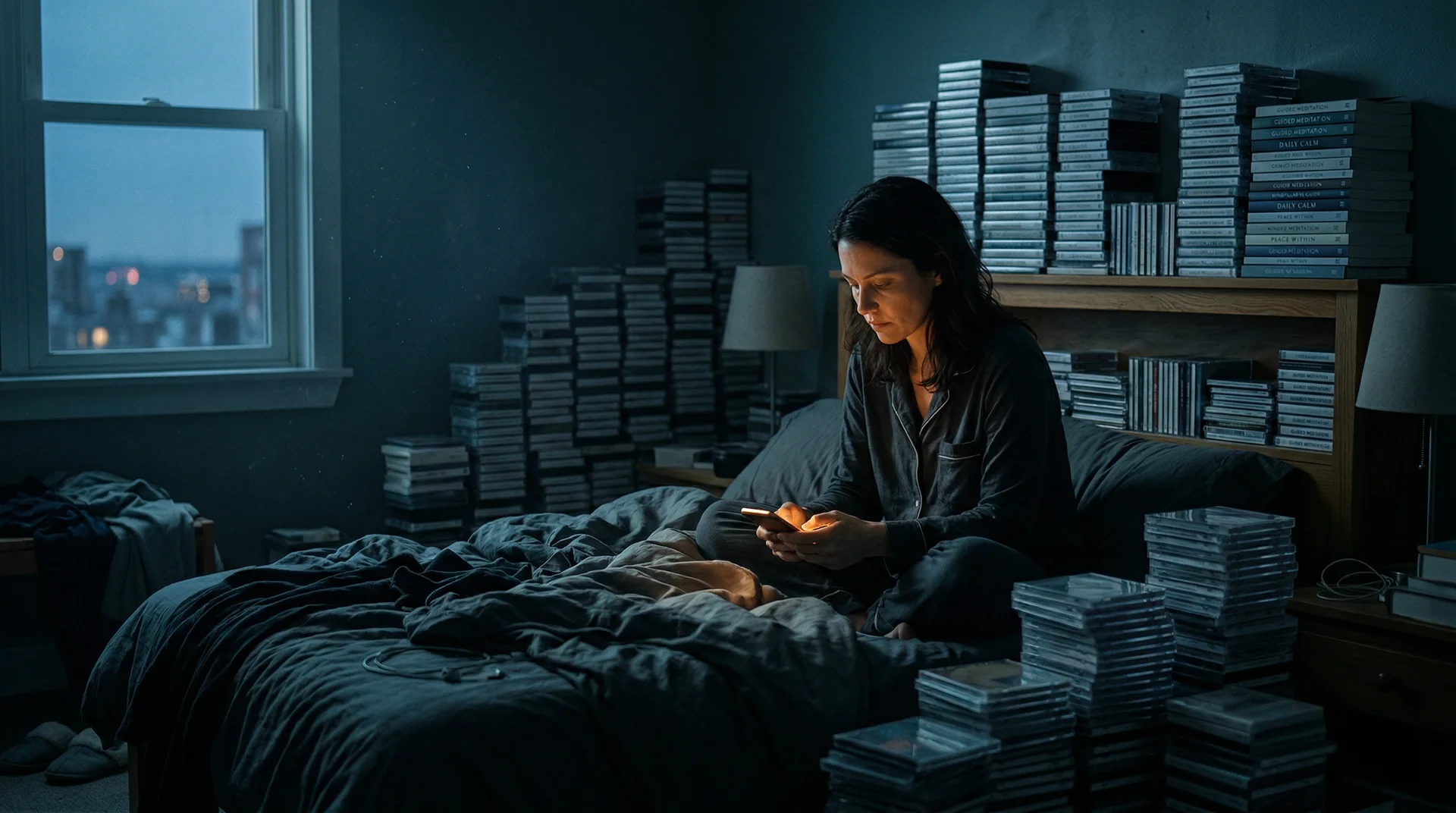 A person sits on an unmade bed before dawn as a warm phone glow cuts through towers of identical meditation tapes and guidebooks