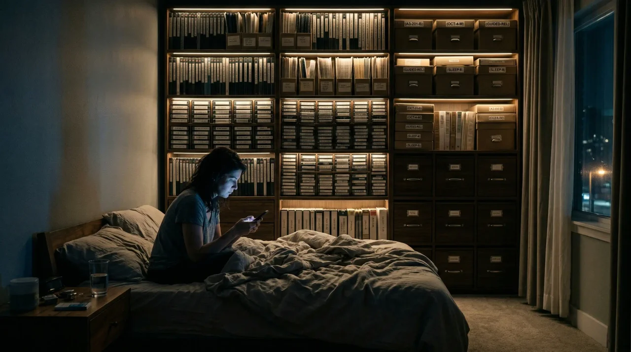 A sleepless figure sits on the edge of an unmade bed lit by a phone while an immaculate wall of meditation-library boxes glows behind them